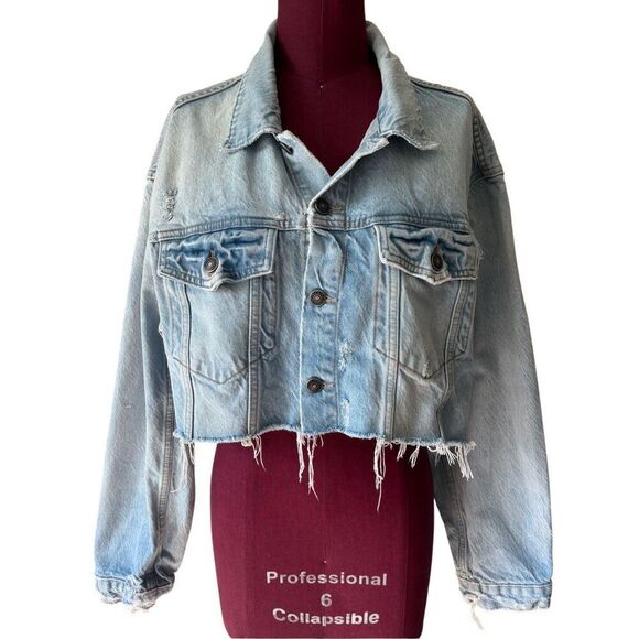 We The Free People Cropped Distressed Denim Jean Jacket size L Blue - Picture 1 of 9